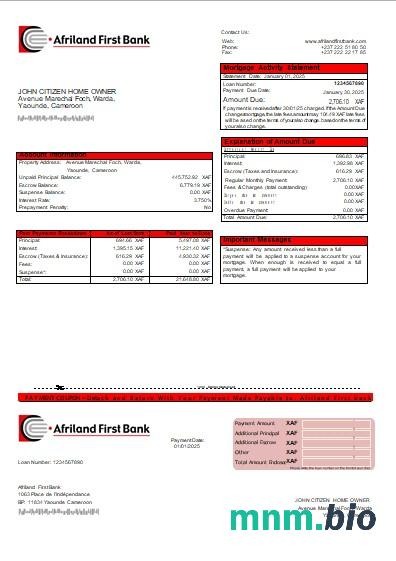 Kamerun Bank Afriland First wyciąg z kredytu hipotecznego szablon Word i PDF